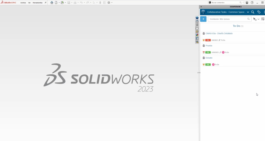 Interfaz de SOLIDWORKS con la integración del panel de tareas gracias a la pestaña My Session