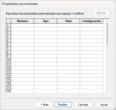 propiedades personalizadas en SOLIDWORKS; tabla de propiedades con nombre, tipo, valor y configuración
