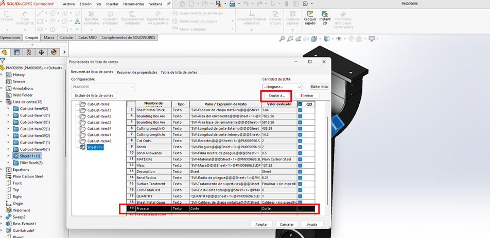 copiar propiedades lista corte solidworks