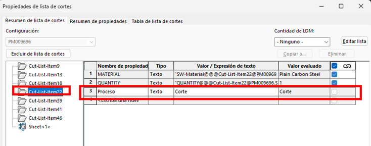 copiar propiedades lista corte solidworks