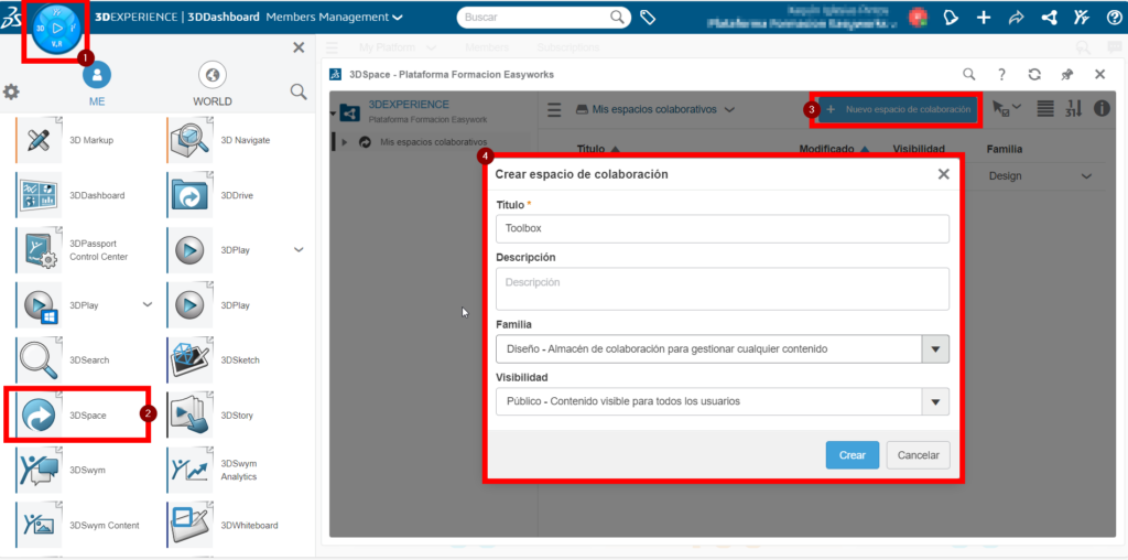 crear espacio colaborativo para toolbox en 3dexperience solidworks