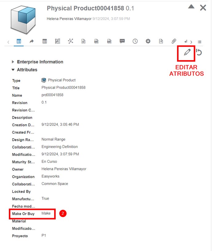 Botón para editar los atributos de un Enterprise Item Number en 3DEXPERIENCE