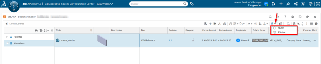 eliminar contenido en 3DEXPERIENCE desde Bookmark editor