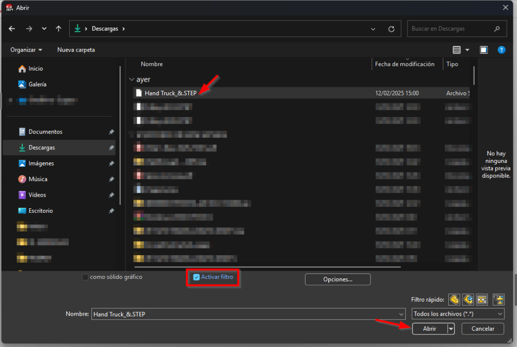 la casilla activar filtro se encuentra en la parte inferior de la ventana cuando procedes a importar  archivos STEP en SOLIDWORKS