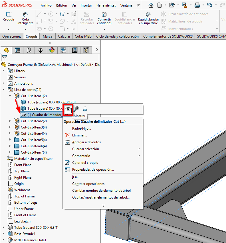 En SOLIDWORKS clicando en el cuadro delimitador, le damos a mostrar para que posteriormente nos aparezca la opción de convertir a croquis 