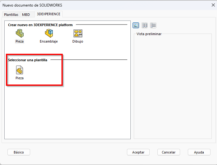Ejemplo de cómo aparece una de las plantillas guardadas en 3DEXPERIENCE en SOLIDWORKS