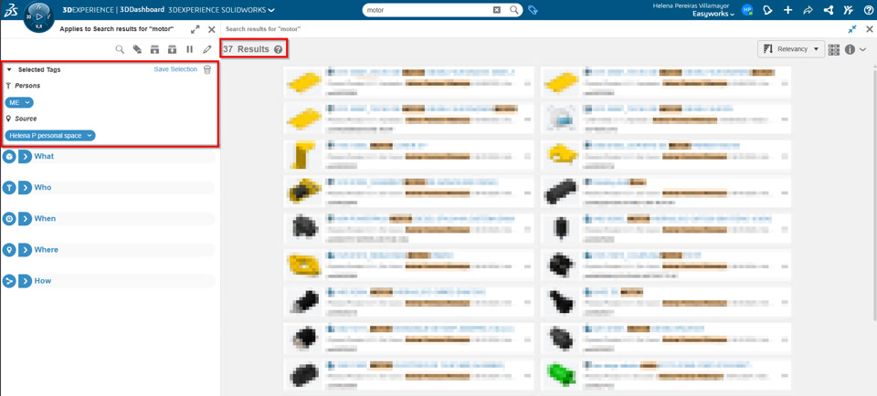 muestras de búsqueda en 3dexperience con el filtro de 6wtags, en concreto quién y dónde.