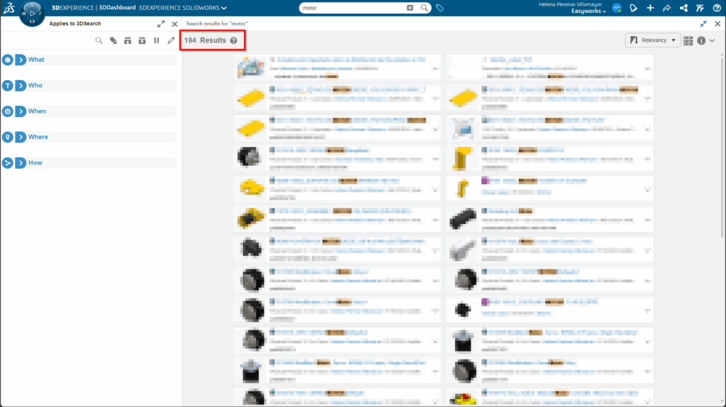ejemplo de búsqueda en 3DEXPERIENCE sin usar los filtros de 6wtags