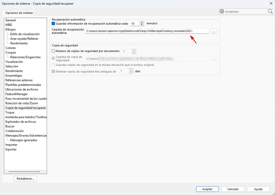 revisión de la carpeta asignada para comprobar si la recuperación automática tiene permisos de escritura en SOLIDWORKS para solucionar el error
