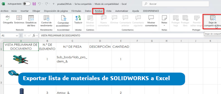 exportar lista materiales solidworks excel