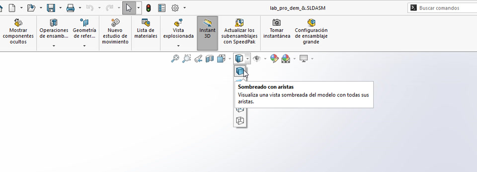 imagen del menú desde el que se activa el modo sombreado con aristas en SOLIDWORKS