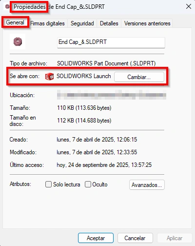 archivo de propiedades de solidworks en el que debemos indicar con qué programa abrir el software para que no se de este problema de que imprime solo