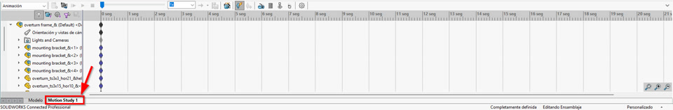 pestaña de Motion Study donde puedes crear las animaciones con SOLIDWORKS