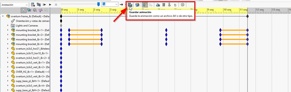 muestra del botón guardar animación para exportar tus animaciones en SOLIDWORKS