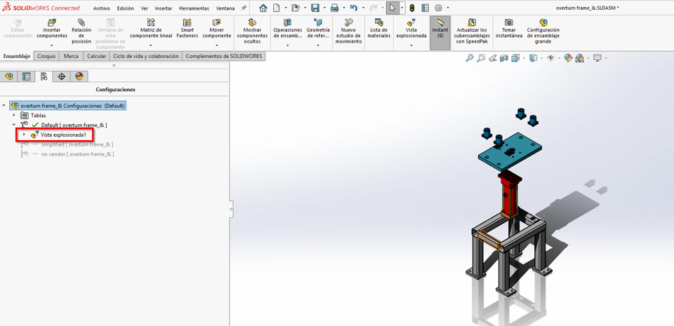 Muestra de la vista explosionada que debe estar activa para poder crear animaciones sobre explosionados de componentes en SOLIDWORKS