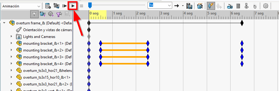 botón de reproducir en Motion Study, visible cuando estamos creando el timeline de nuestras animaciones en solidworks