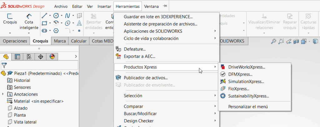 muestra del menú herramientas - productos xpress de 3DEXPERIENCE SOLIDWORKS