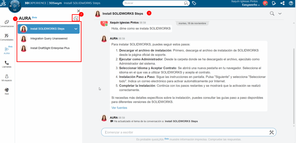 menú general de AURA, la ia de SOLIDWORKS