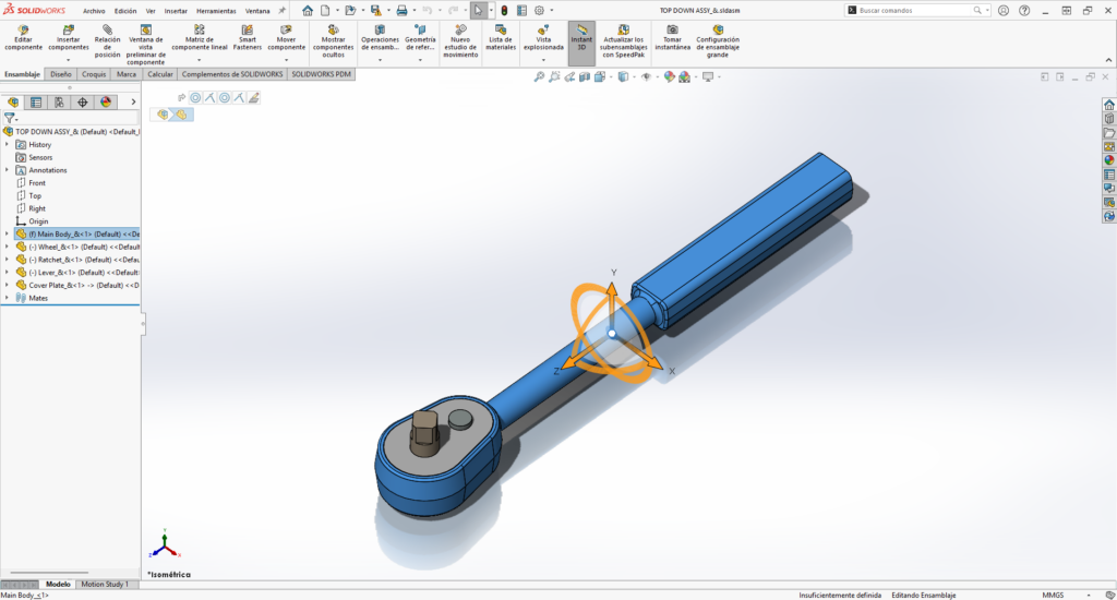 muestra de las flechas para desplazamientos lineales y anillos usando Instant 3D en SOLIDWORKS