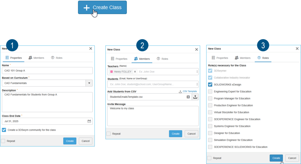 ejemplo de como se crea una clase en el rol teacher de solidworks edu