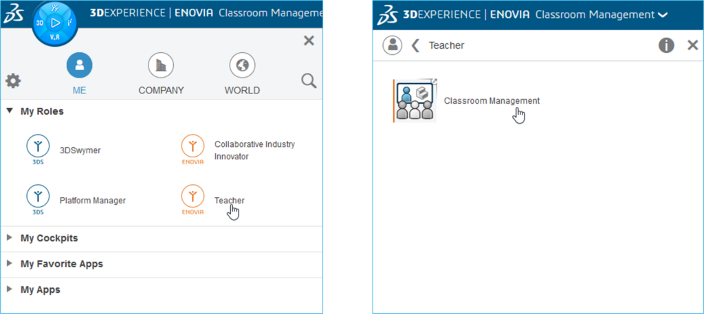 muestra en el compass del rol teacher en solidworks edu y de su app classroom management
