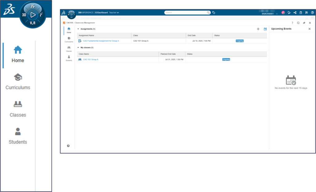 ejemplo del menú de la app classroom management del rol teacher en solidworks edu