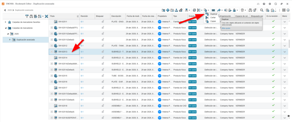 la imagen muestra la ruta para acceder a la duplicación avanzada de archivos en solidworks plm, desde bookmark editor