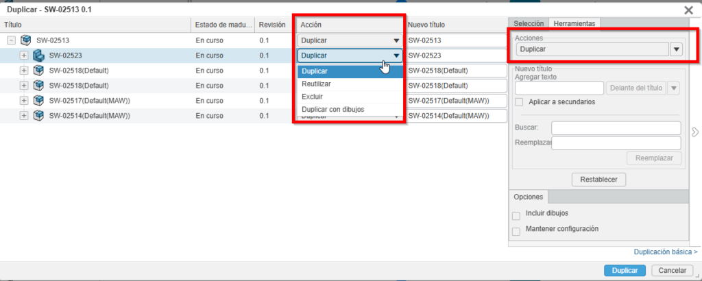 interfaz que muestra la ruta para hacer la duplicación avanzada de productos en solidworks plm