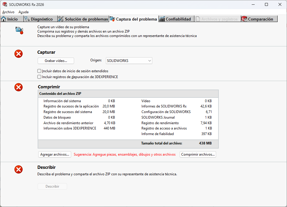 SOLIDWORKS Rx 2026: pestaña de capturar problema
