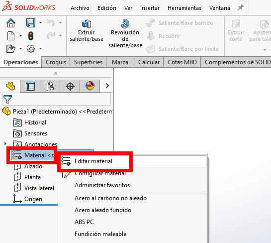 ruta de clics para editar material en SOLIDWORKS