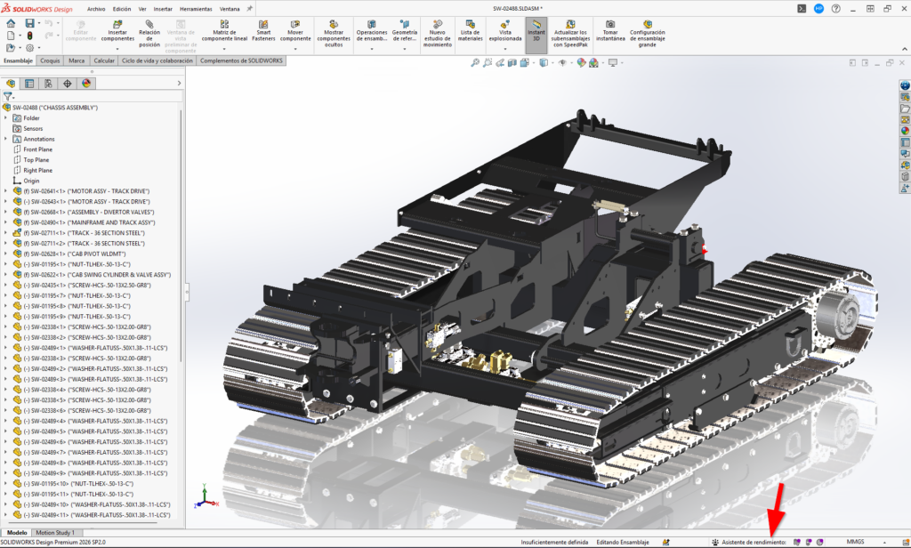 muestra de la interfaz de solidworks donde sale la advertencia del asistente de rendimiento, clave para solucionar problemas de ensamblajes lentos.