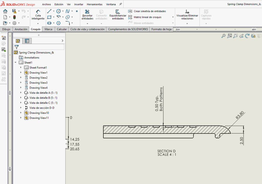 ejemplo de etiquetas de vista en un plano de SOLIDWORKS