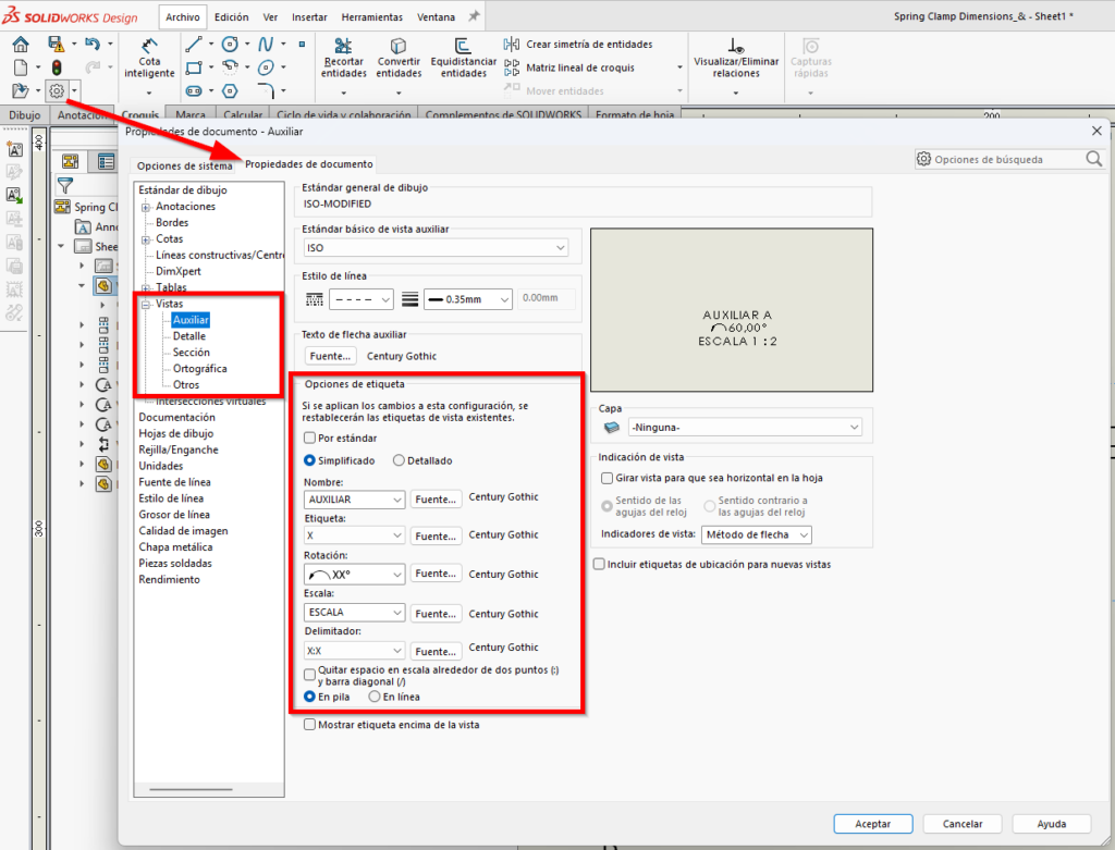 interfaz del menú de SOLIDWORKS donde podemos automatizar la creación de etiquetas de vista