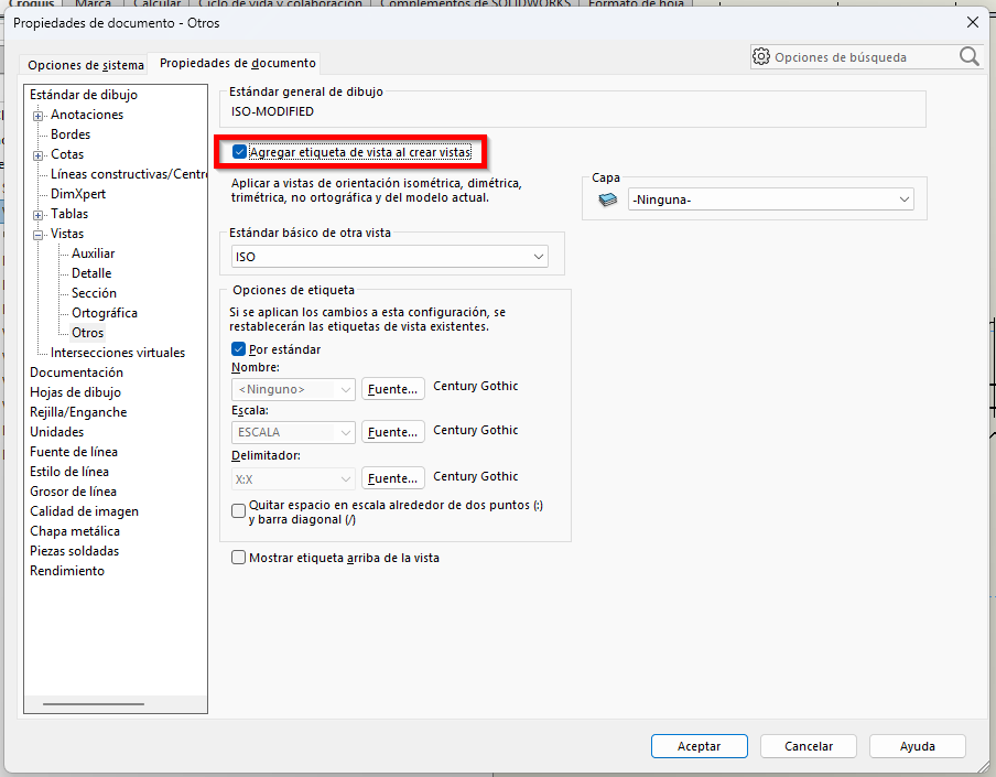 interfaz del menú de SOLIDWORKS donde se muestra la pestaña "agregar etiquetas de vista al crear vistas"