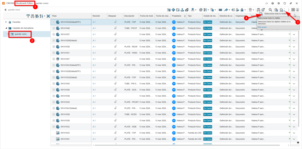 interfaz del bookmark editor desde el que puedes exportar tus archivos CAD almacenados en 3DEXPERIENCE