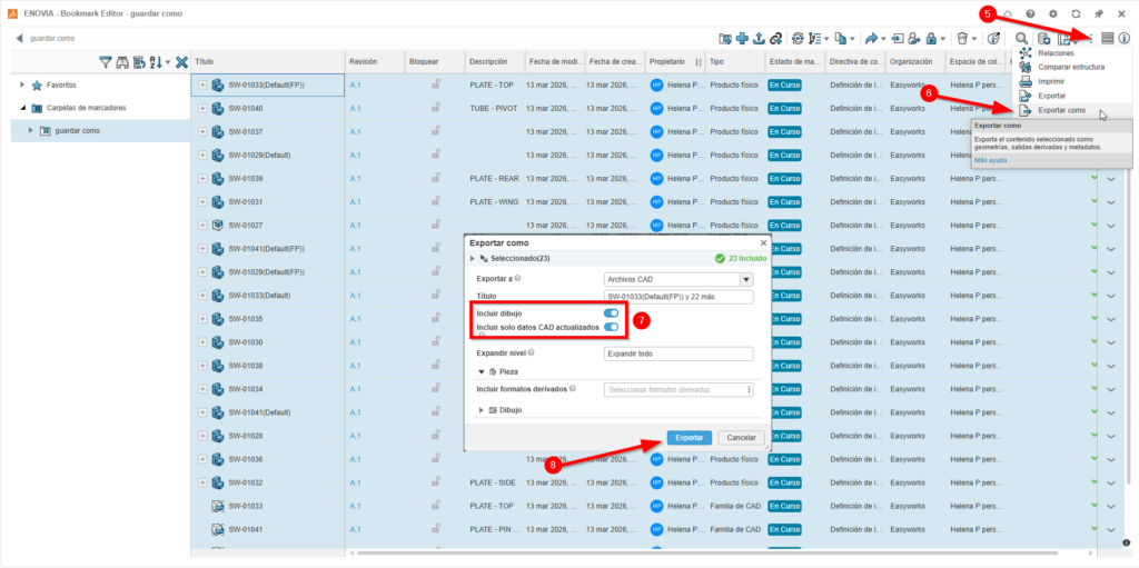 interfaz del bookmark editor desde el que puedes exportar tus archivos CAD almacenados en 3DEXPERIENCE