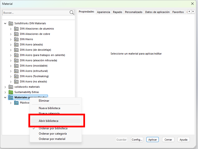 menú desde el que abrir la biblioteca de materiales en SOLIDWORKS