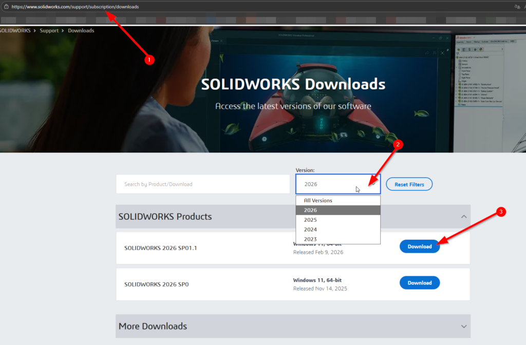 Primer paso para instalar SOLIDWORKS sin internet: acceder al portal de descargas, selecciona versión y descarga. 