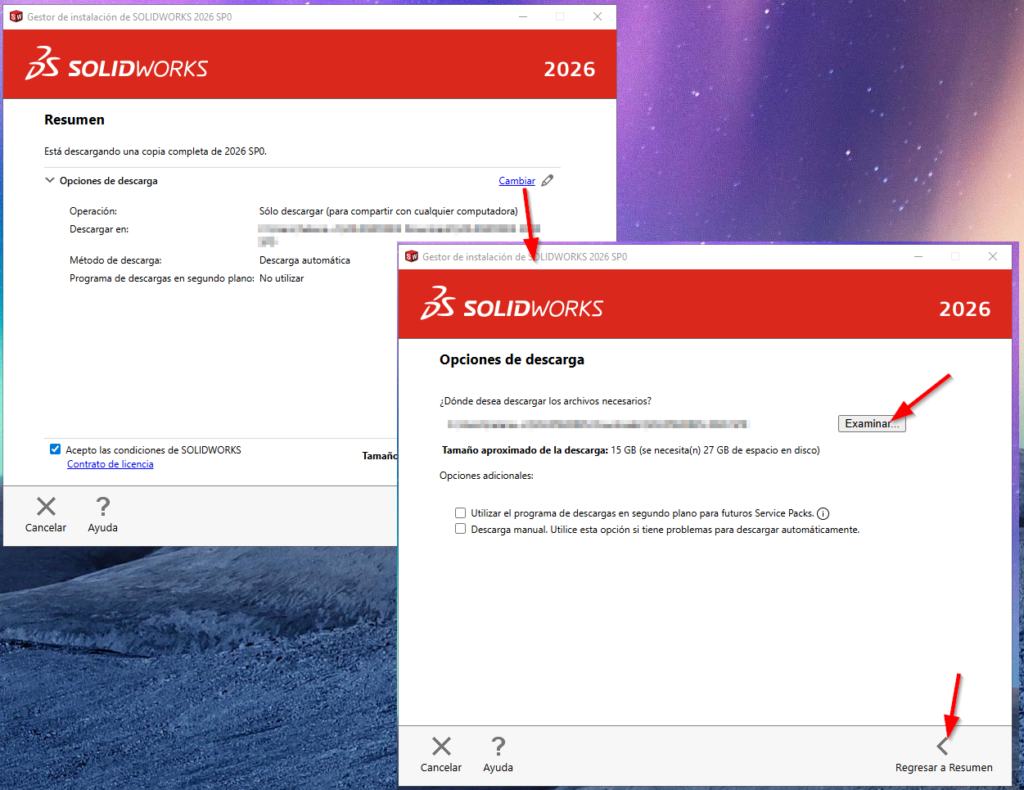 panel desde el que puedes descargar los archivos para instalar posteriormente SOLIDWORKS en un equipo sin conexión a internet