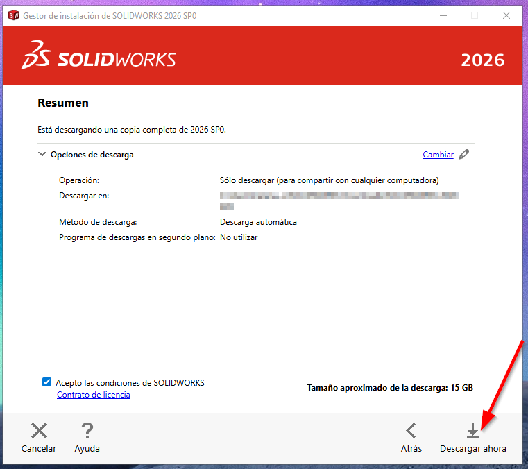 botón de descarga para instalar solidworks en un equipo sin conexión a internet