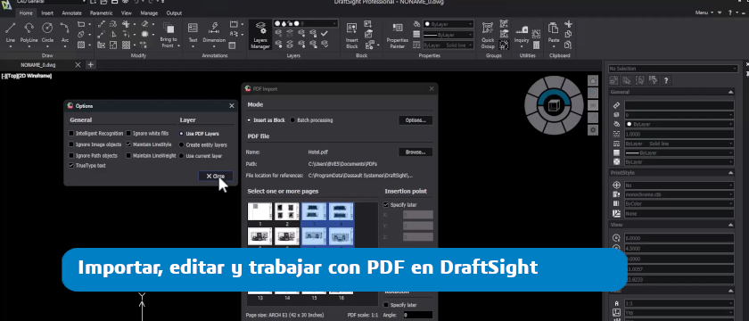 imagen de cabecera que muestra el menú de opciones al importar un pdf a drafsight