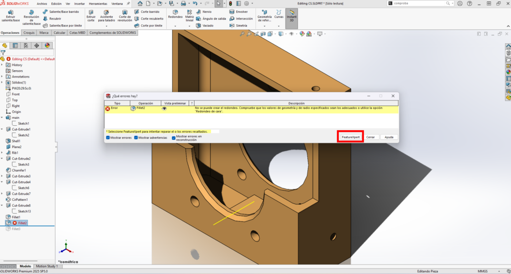 interfaz de SOLIDWORKS mostrando la herramienta FeatureXpert e