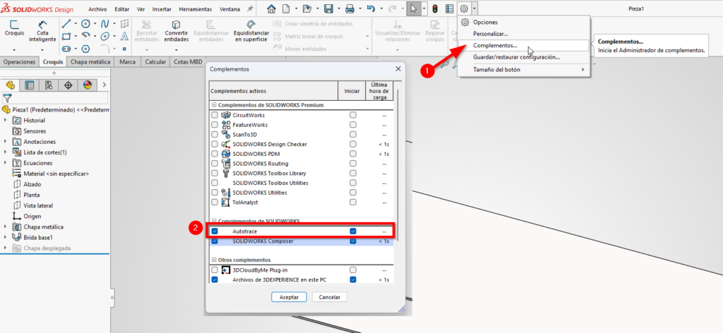Interfaz que muestra como activar AUTOTRACE en SOLIDWORKS para poder usar la herramienta imagen de croquis.