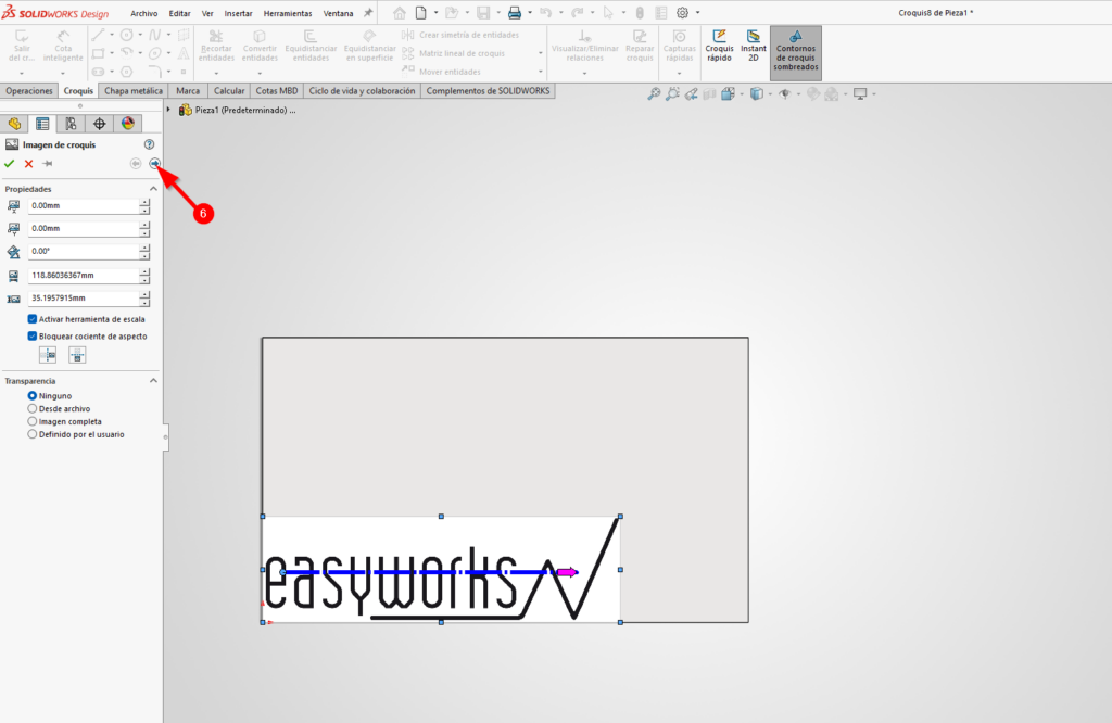 se muestra una imagen insertada en solidworks (el logo de easyworks) gracias a imagen de croquis