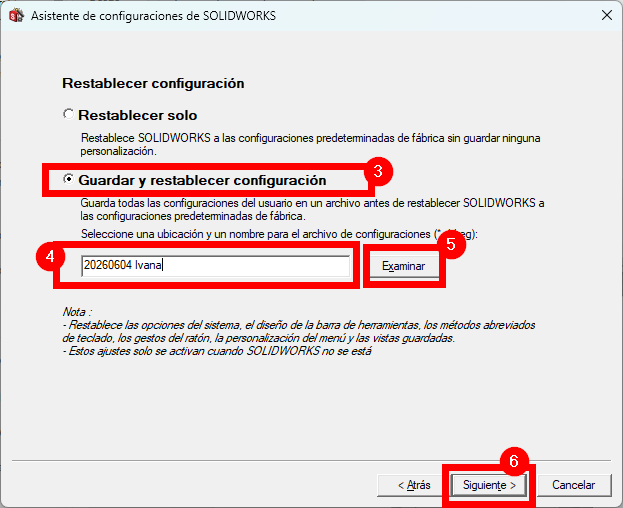 segunda parte del menú para restablecer la configuración de SOLIDWORKS