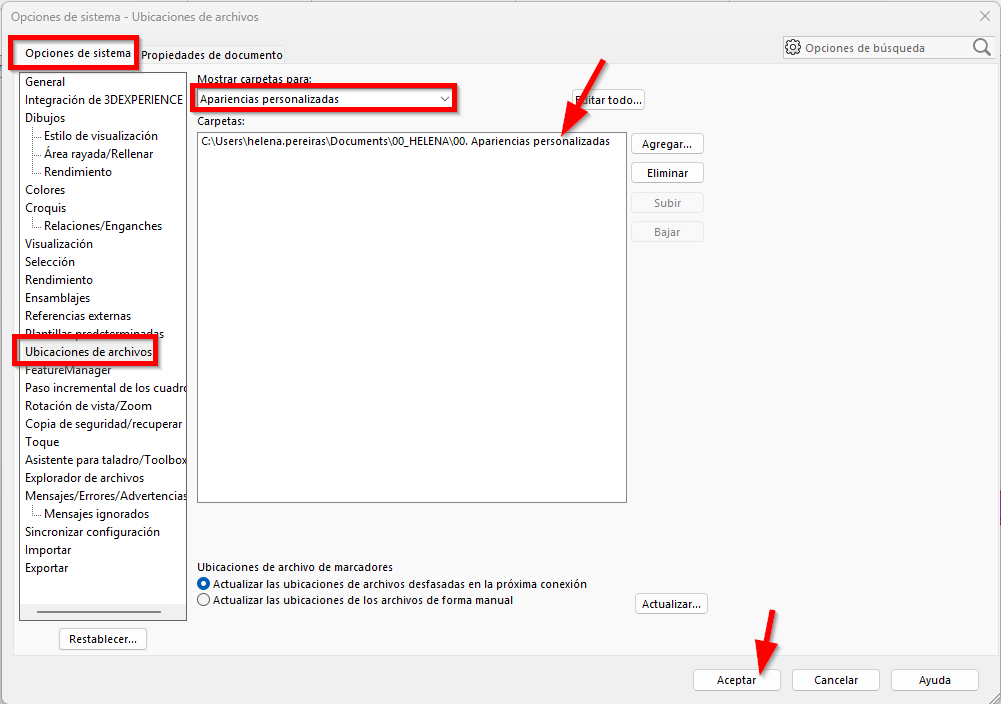 interfaz de opciones de sistema > ubicaciones de archivos, donde guardaremos nuestras apariencias personalizadas en solidworks