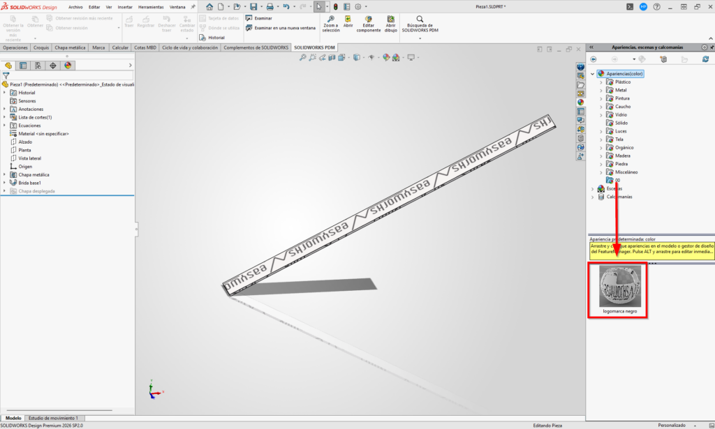 apariencias personalizadas ya creadas y aplicada sobre un modelo 3D en SOLIDWORKS