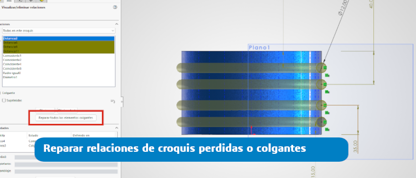 Cómo reparar relaciones de croquis perdidas o colgantes en SOLIDWORKS Design