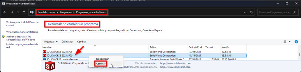 menú del navegador de windows donde debes acceder para cambiar la instalación de SOLIDWORKS y así solucionar el error al abrir swshellfilelauncherresu.dll