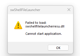 mensaje que sea abre con el error en SOLIDWORKS "failed to load: swshellfilelauncherresu.dll  cannot start application"